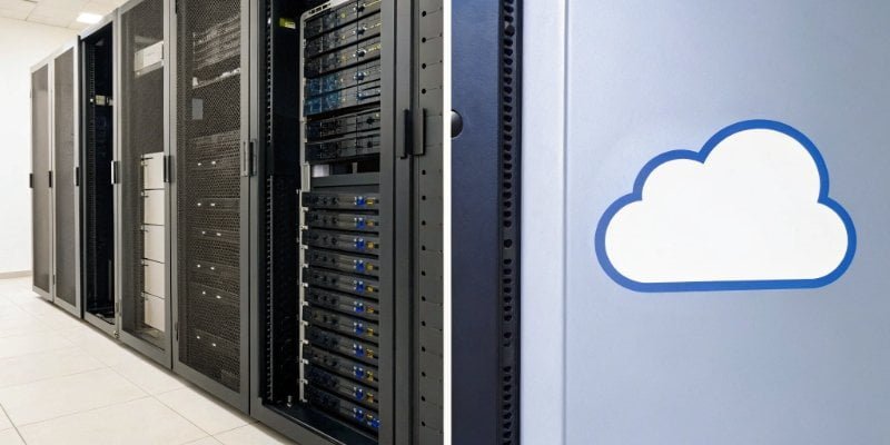 On-Premise vs Cloud A split image showing a local server on one side and a cloud icon on the other