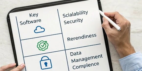 Key Software Considerations alt text="A diagram showing key software considerations: Scalability, Security, UI/UX, Data, Compliance"