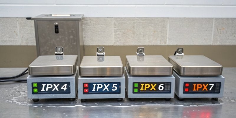 Comparing IPX Ratings on Scales Four industrial scales, each with a different IPX rating label: IPX4, IPX5, IPX6, IPX7