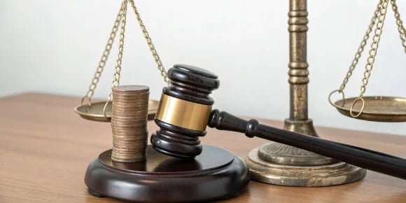 A gavel next to a stack of coins on top of a scale, representing legal and financial consequences.