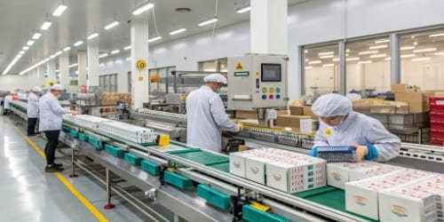 Enhanced Production Efficiency A graphic showing a factory production line moving quickly.