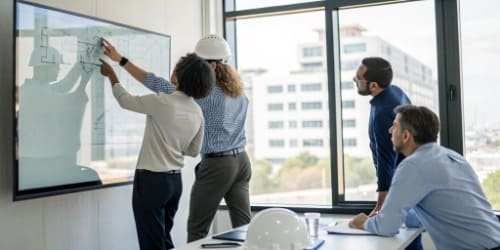 Improving Production Efficiency A team of engineers collaborating around a digital whiteboard, planning production improvements.