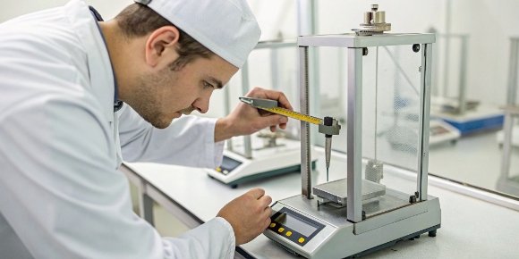 Scale Calibration and Maintenance A technician carefully calibrating a high-precision industrial scale in a clean, controlled environment.