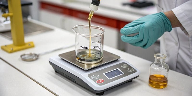 A small amount of liquid being added to a beaker on a scale