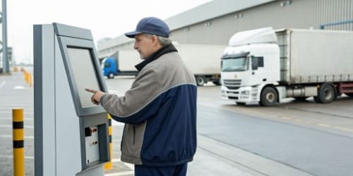 Truck Driver Using a Self-Service Kiosk A truck driver using a user-friendly self-service kiosk next to a weighbridge