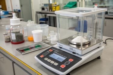 A laboratory scale demonstrating the weighing by difference method