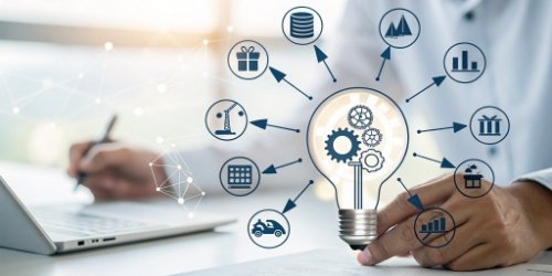 A lightbulb icon with arrows pointing outwards to different industry icons.