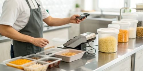 RFID Technology in Canteens A worker in a kitchen using an RFID card to scan into a system before weighing ingredients