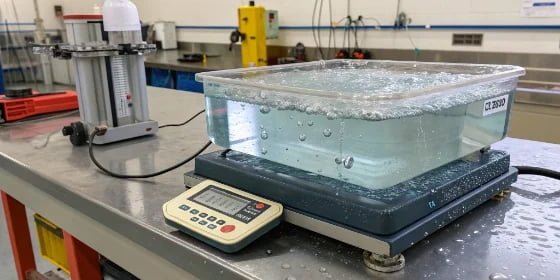 An IP68-rated industrial scale being submerged in a tank of water for testing