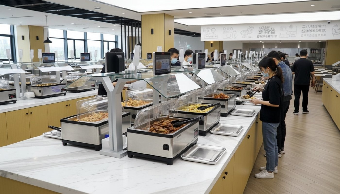 Complete system setup showing multiple scales with cameras in canteen environment