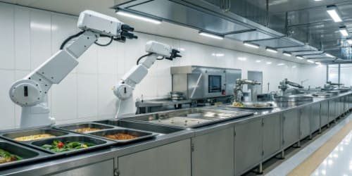 Automated Canteen A futuristic canteen kitchen with robotic arms and sensor displays showing inventory levels