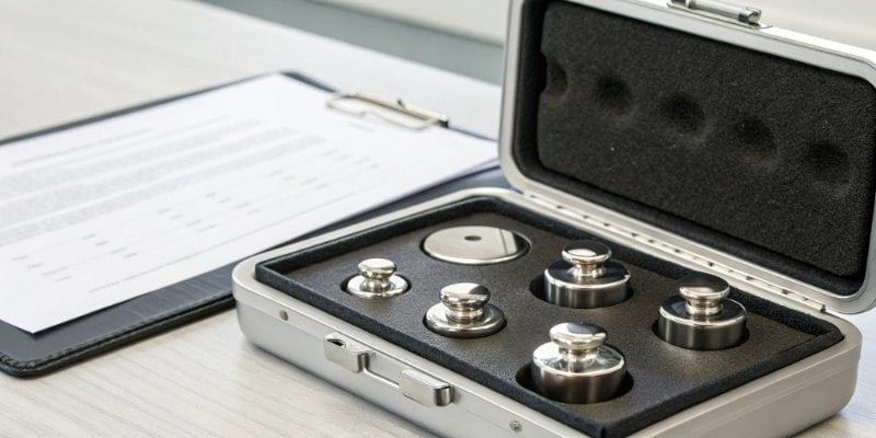 A calibration certificate with an official seal next to a set of cased weights