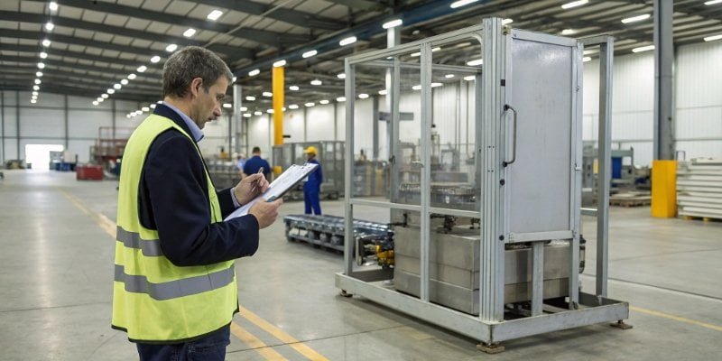 Choosing a Waterproof Scale A purchasing manager reviewing a checklist while inspecting an industrial scale in a factory.