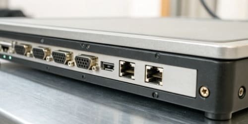 A close-up of the connectivity ports on the back of an industrial scale, showing Ethernet, USB, and RS-232 connections.