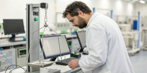 An image of a quality control inspector testing a weighing scale connected to a computer, with green checkmarks visible.