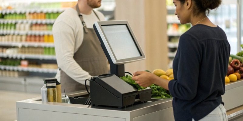 A split-screen image showing a beginner cashier easily following on-screen prompts.