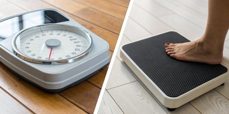 Side-by-side a vintage mechanical scale and a sleek digital body composition scale