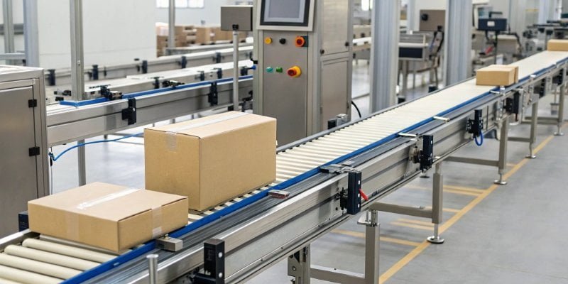 Load Cell in Industrial Automation A dynamic checkweigher system on a conveyor belt in a factory.