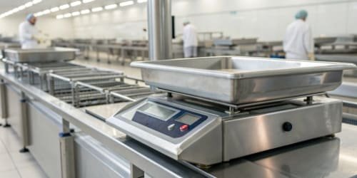 A close-up of a stainless steel industrial scale with a digital display, being used in a clean, modern food processing facility.
