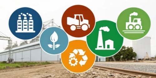 Industries That Benefit Icons representing manufacturing, logistics, agriculture, and waste management.