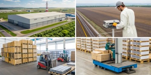 Industries Using Software Scales A collage of different industries using software scales: a warehouse, a food factory, a farm