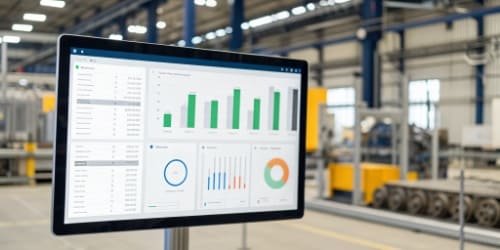 A manufacturing dashboard showing real-time OEE data, including availability, performance, and quality metrics for various machines. 