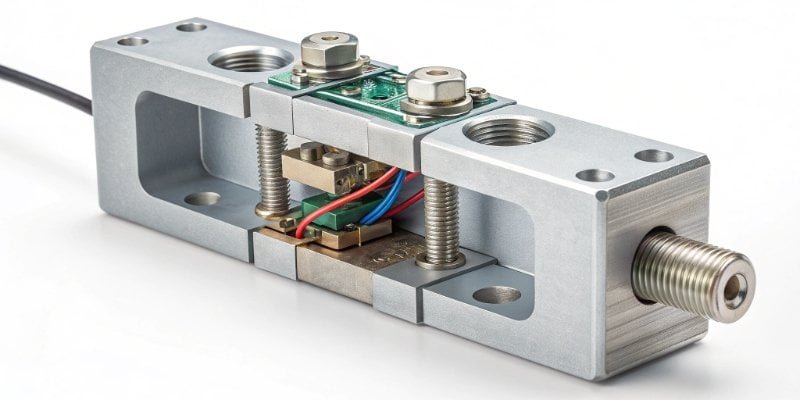A cutaway diagram showing the internal components of a load cell and how it converts force into an electrical signal.