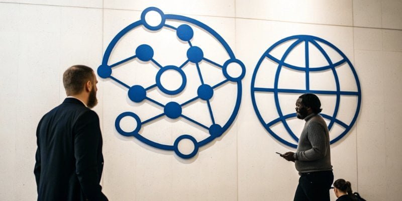 Brand Name vs. Partner Capability A large, imposing brand logo contrasted with a flexible, interconnected network diagram