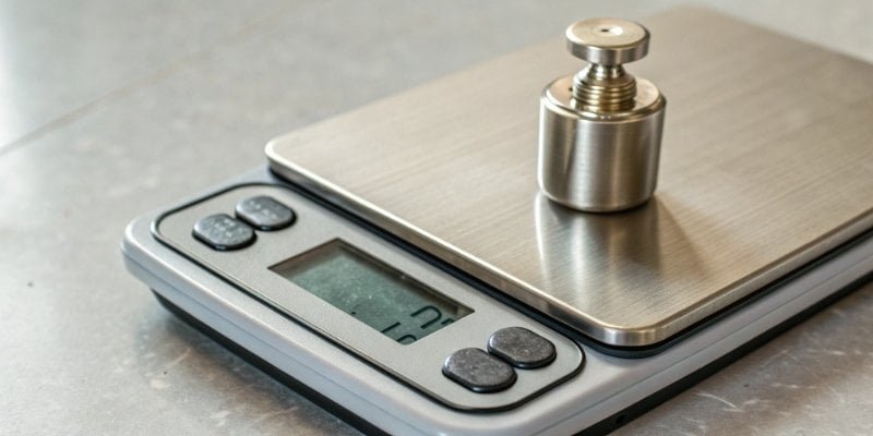 A 1g calibration weight on a digital scale showing 1.00 g