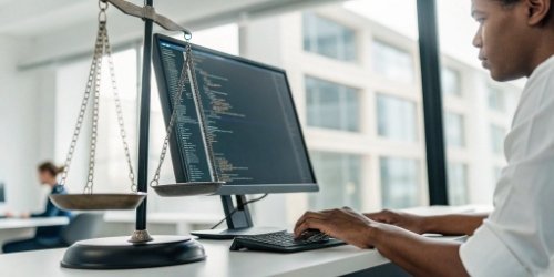 A developer working on a computer connected to a weighing scale.