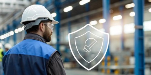 An icon representing a shield protecting a company from manufacturing challenges like cost and quality control