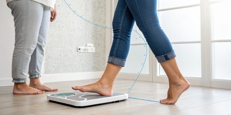 Bioelectrical Impedance Analysis An infographic showing how BIA technology works, with a current passing through a person's legs and body on a smart scale.