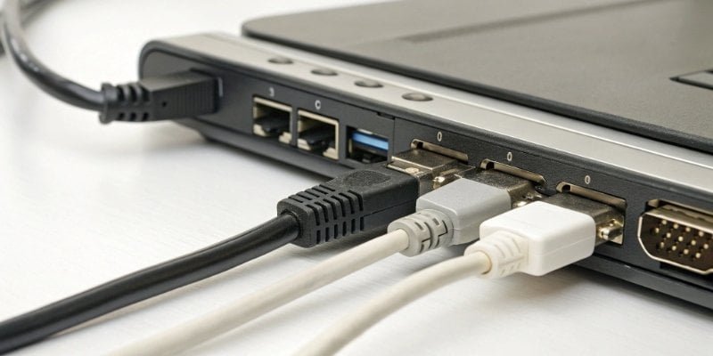 An illustration showing various connection ports like USB, RS-232, and Ethernet leading from a scale to a computer.