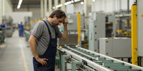 A photo of a disengaged and unhappy employee on the production line
