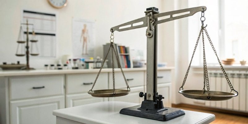 Doctor's Mechanical Scale A classic mechanical balance beam scale in a doctor's office