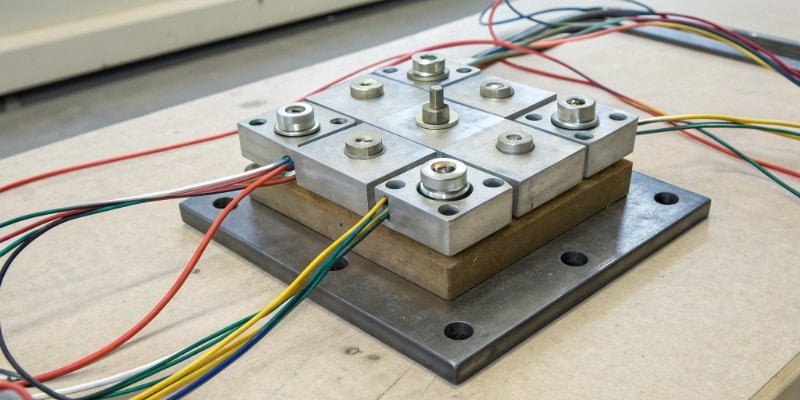 A full-bridge load cell with four strain gauges strategically placed to measure axial force while rejecting bending