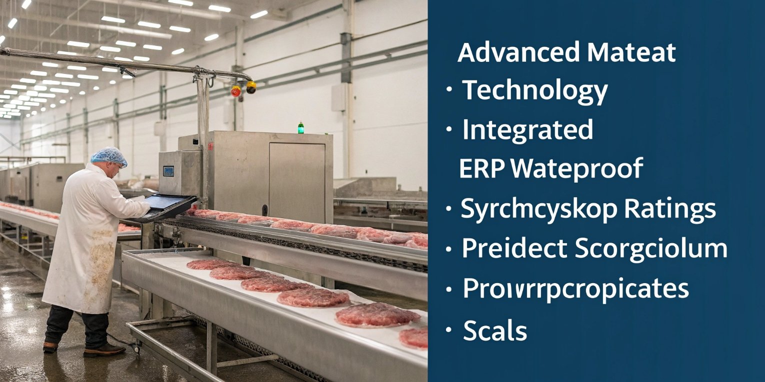 Complete meat processing facility with integrated waterproof scales and ERP system overview