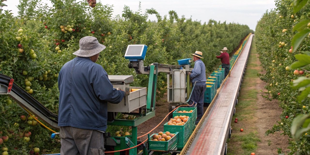 Smart weighing system in orchard with workers using digital scales