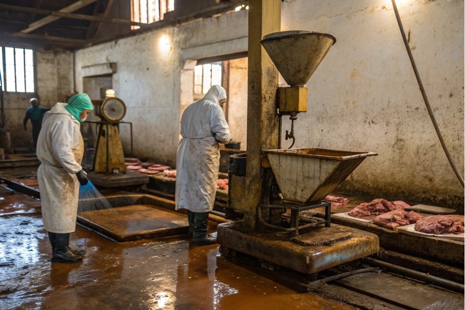 Traditional meat processing facility with outdated weighing equipment showing moisture damage