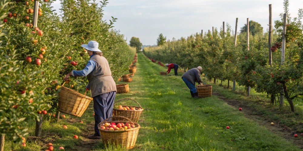 Traditional orchard harvesting scene showing workers with baskets