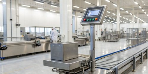 A modern industrial scale with an intuitive digital display in a clean factory setting
