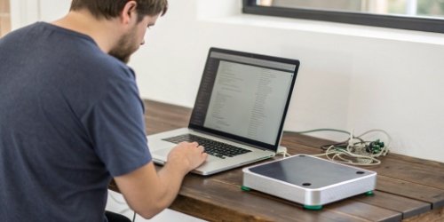 A developer working on a computer connected to a programmable scale