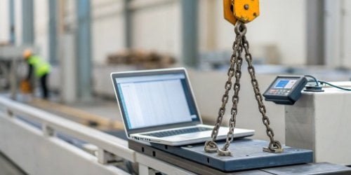 An industrial scale connected to a computer, symbolizing the link between hardware and data.