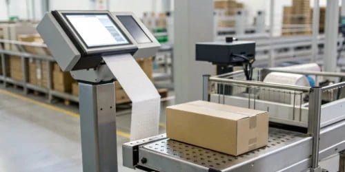 An industrial scale with a built-in printer issuing a barcode label