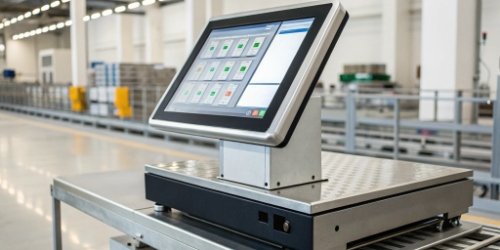 Industrial Scale with Integrated Operating System A modern industrial scale with a large touchscreen displaying a graphical user interface