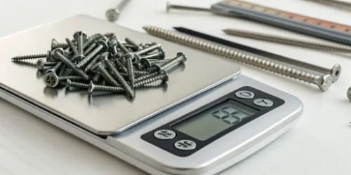 A smart scale with a pile of screws on it, displaying a high count number