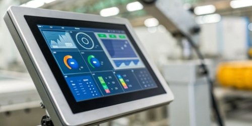 a close-up of a modern industrial scale with a vibrant, user-friendly smart screen interface displaying charts and data