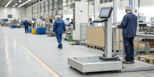 An intelligent industrial scale connected to a computer system in a modern factory setting.