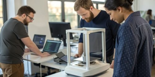 A team of software developers collaborating around a programmable weighing scale.