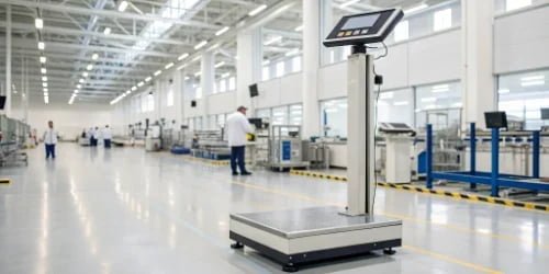 A high-tech industrial smart scale in a modern manufacturing facility.